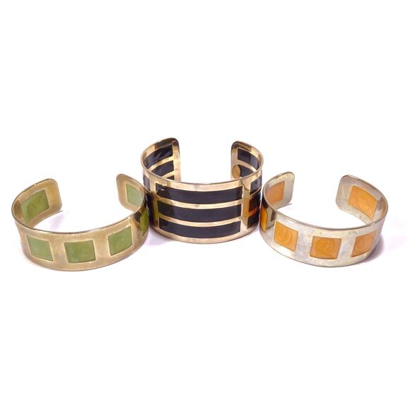 Neiman Marcus Lee Angel Silver Enamel Wide Cuff Bracelet Set NWT 398 3 PCS - Picture 1 of 10